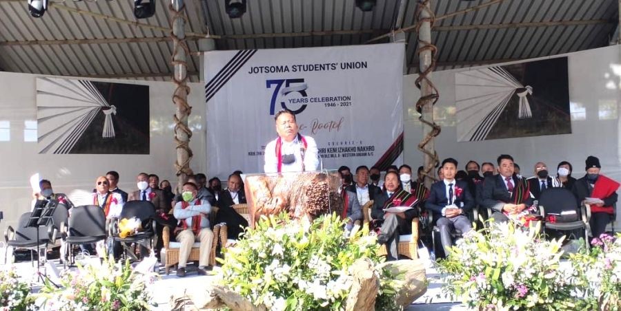 MLA, 8 Western Angami A/C, Keneizhakho Nakhro speaking at the 75th anniversary celebration of the Jotsoma Students’ Union at Centennial Compound, Jotsoma on December 28. (Morung Photo)